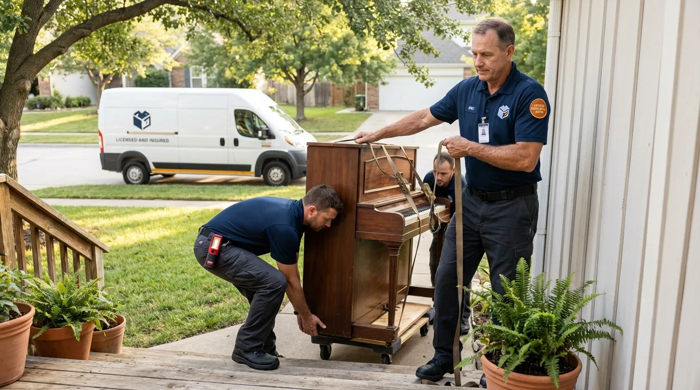 Licensed piano movers securing grand piano in Collegeville, MN