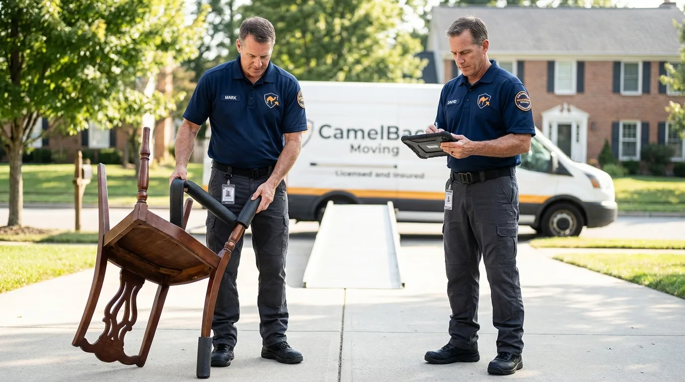 Movers inspecting furniture for damage prevention before loading in Collegeville, MN