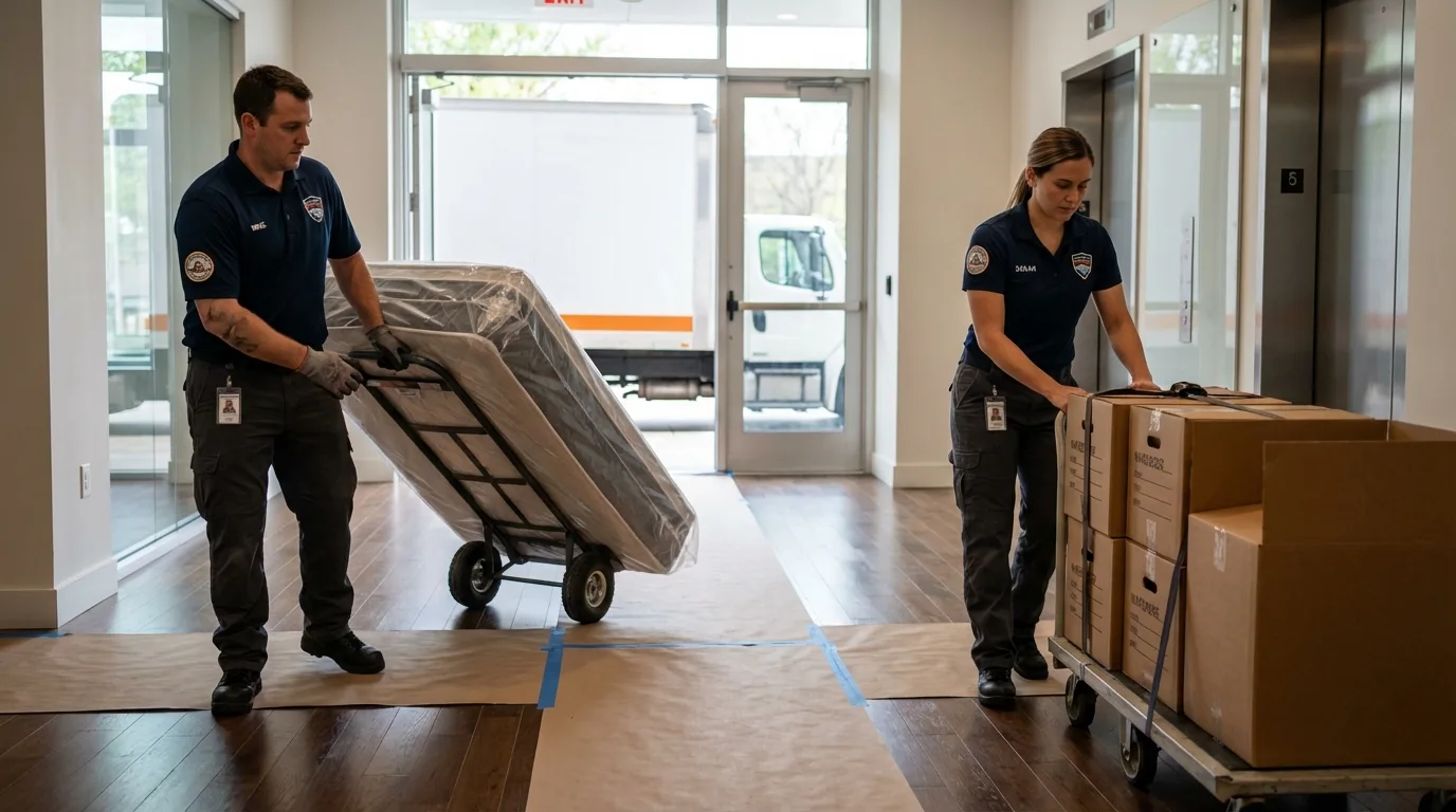 Professional apartment movers loading elevator in Collegeville, MN